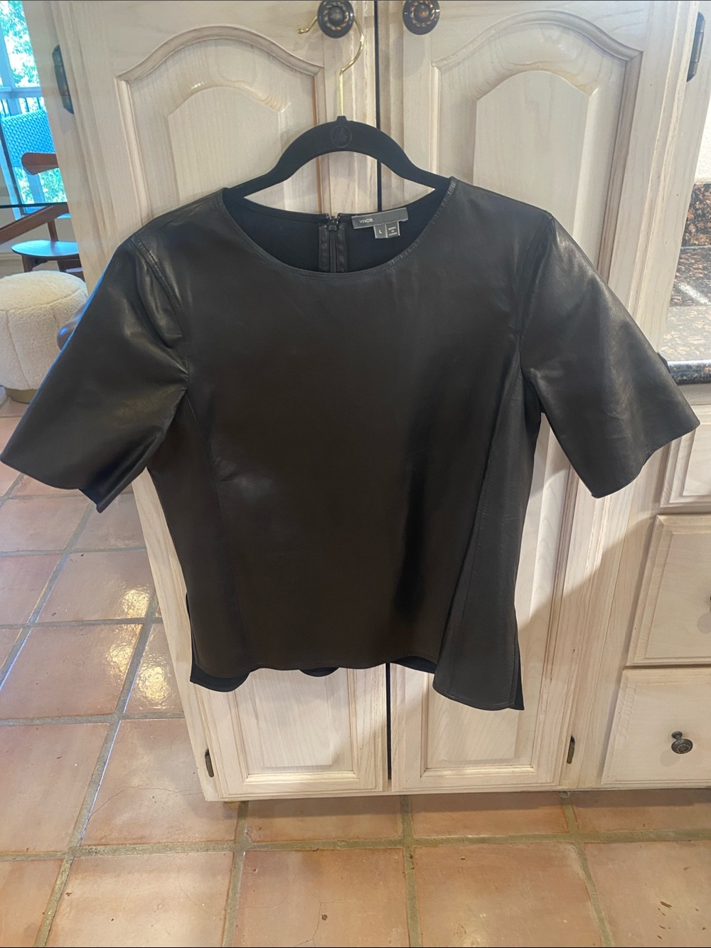 Vince Black Short-Sleeve Leather Top with Round Neck